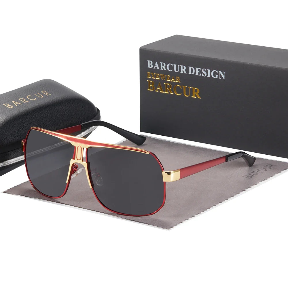 Oculos La Paz vermelho com detalhe dourado e lente escura com seus acessorios inclusos no pedido