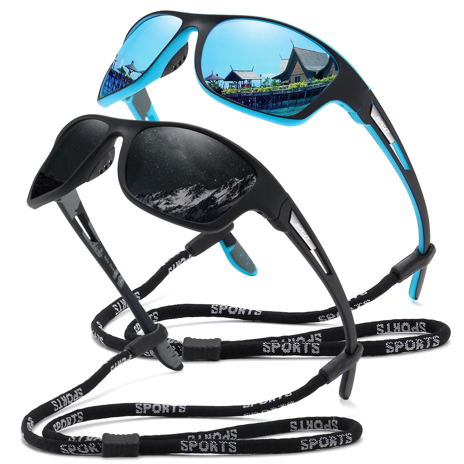 oculos de sol esportivo supkley duas unidades com desconto perfeito para atividades ao ar livre - preto e azul